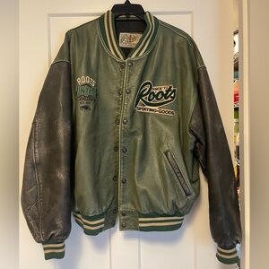 Men’s Roots Sporting Goods Vintage Canada Green and Black Leather Jacket
